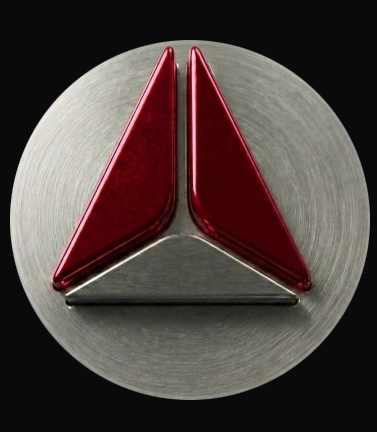 Emblème métallique DELTAMO aux accents rouges